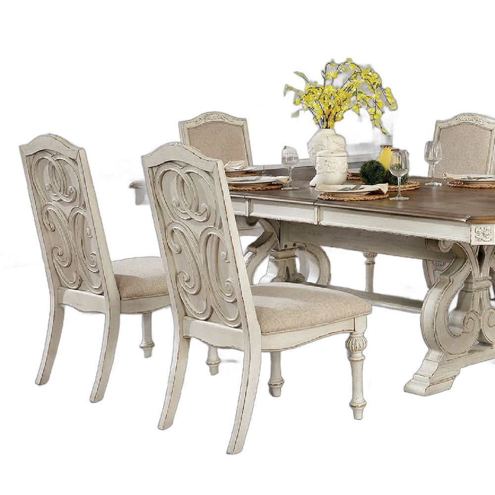 Arca 7pc Dining Table Set with Fabric Chairs Antique White Solid Wood BM330401