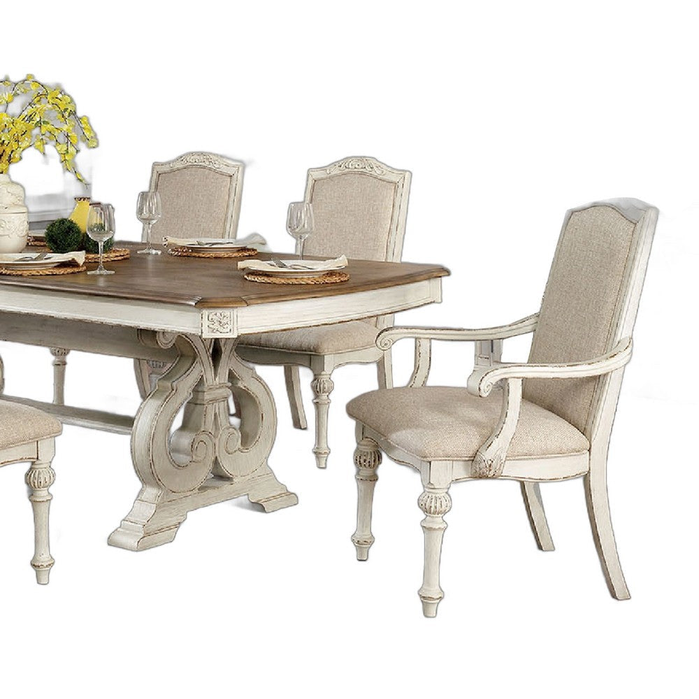 Arca 7pc Dining Table Set with Fabric Chairs Antique White Solid Wood BM330401