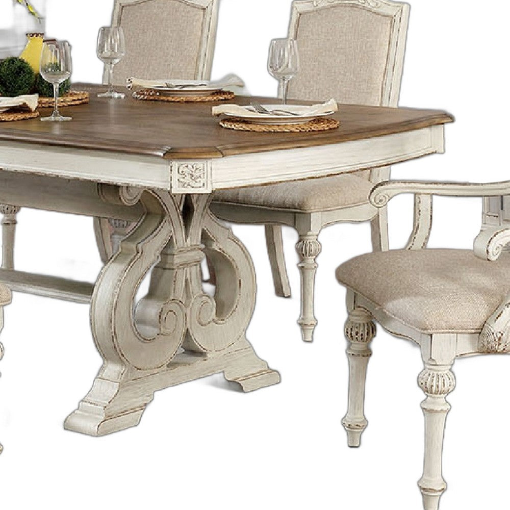 Arca 7pc Dining Table Set with Fabric Chairs Antique White Solid Wood BM330401