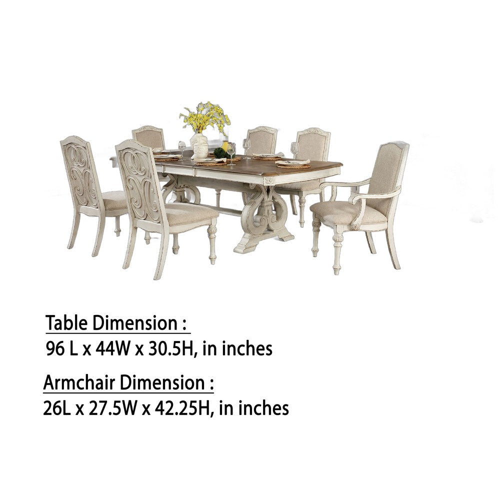 Arca 7pc Dining Table Set with Fabric Chairs Antique White Solid Wood BM330401
