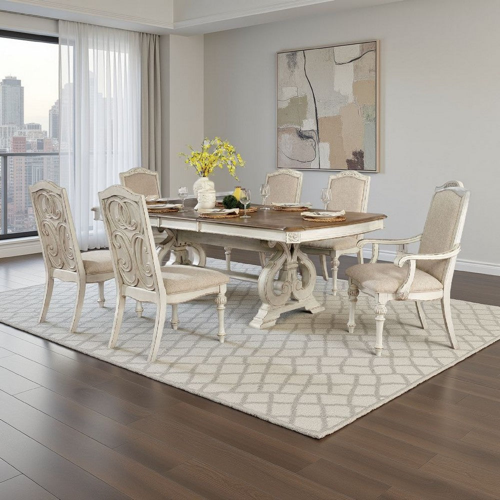 Arca 7pc Dining Table Set with Fabric Chairs, Antique White Solid Wood