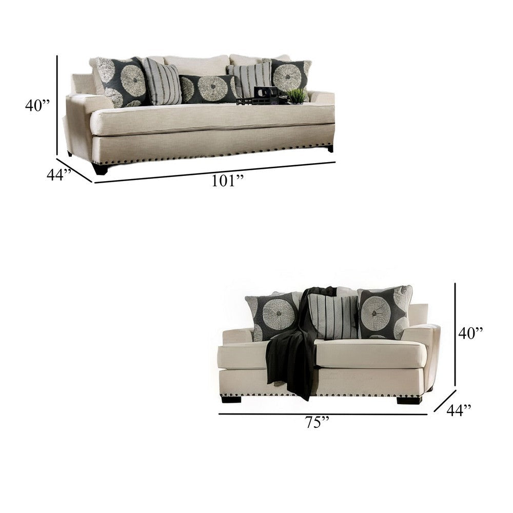 Maine 2pc Sofa and Loveseat Set 8 Throw Pillows Ivory Chenille BM330417