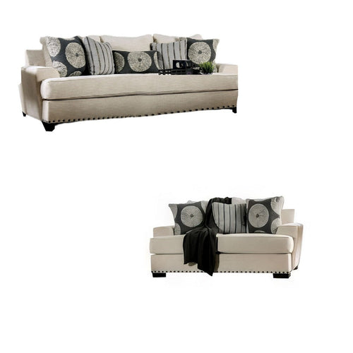 Maine 2pc Sofa and Loveseat Set, 8 Throw Pillows, Ivory Chenille