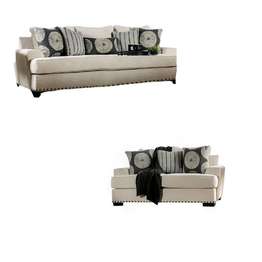 Maine 2pc Sofa and Loveseat Set, 8 Throw Pillows, Ivory Chenille