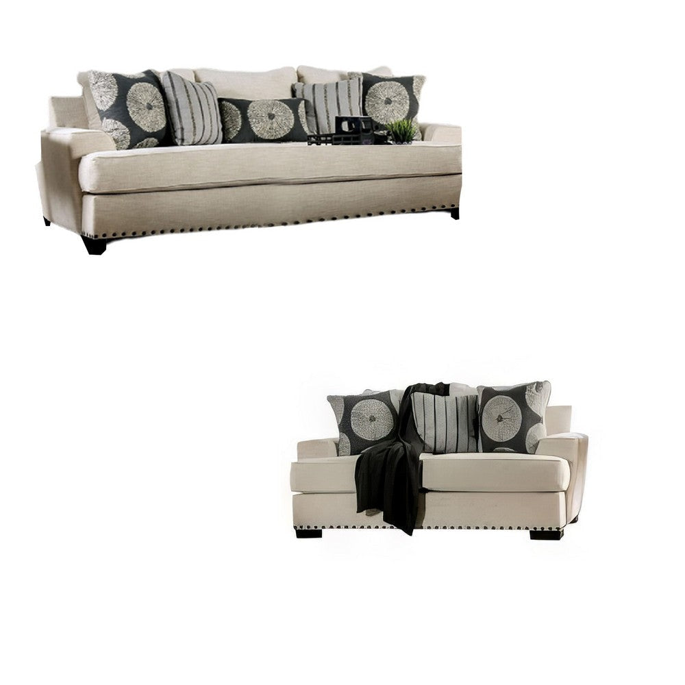 Maine 2pc Sofa and Loveseat Set, 8 Throw Pillows, Ivory Chenille