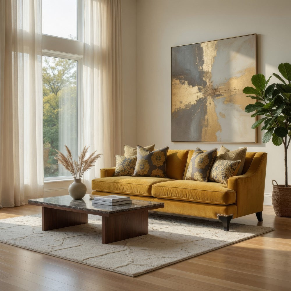 Visco 2pc Sofa, Loveseat Set, 8 Throw Pillows, Rivet Trim, Gold Yellow