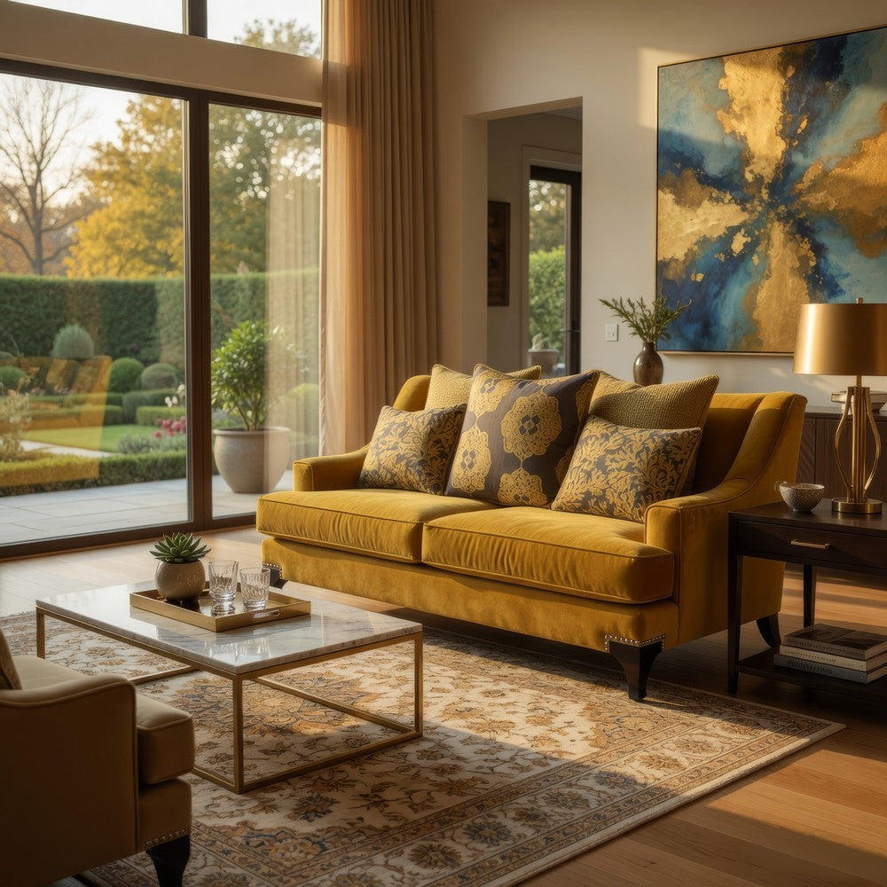 Visco 2pc Sofa, Loveseat Set, 8 Throw Pillows, Rivet Trim, Gold Yellow