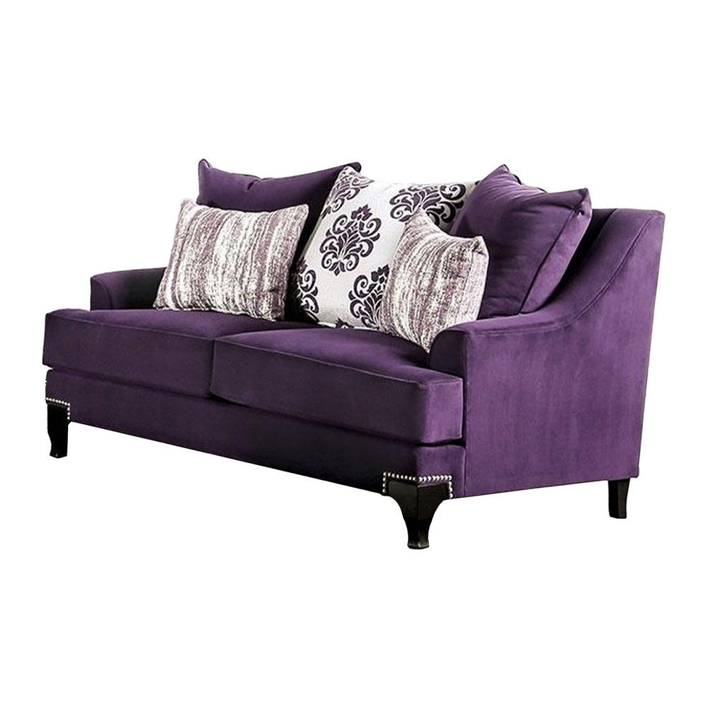 Eton 2pc Sofa Loveseat Set 12 Pillows Cabriole Feet Purple Chenille BM330425