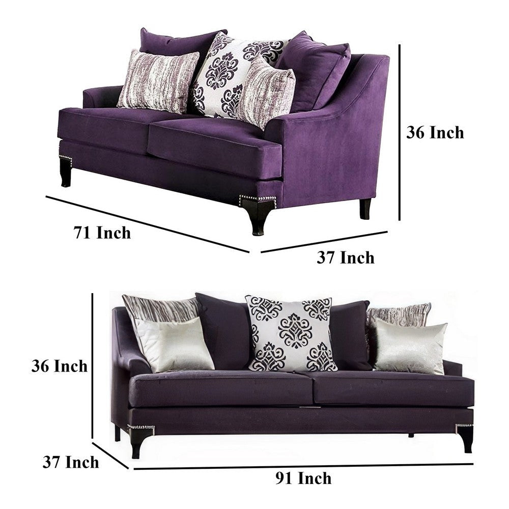 Eton 2pc Sofa Loveseat Set 12 Pillows Cabriole Feet Purple Chenille BM330425