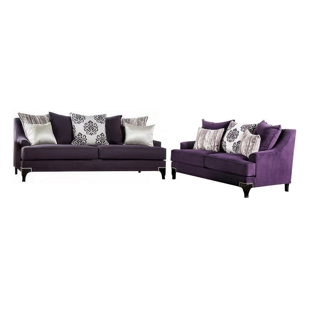 Eton 2pc Sofa Loveseat Set, 12 Pillows, Cabriole Feet, Purple Chenille