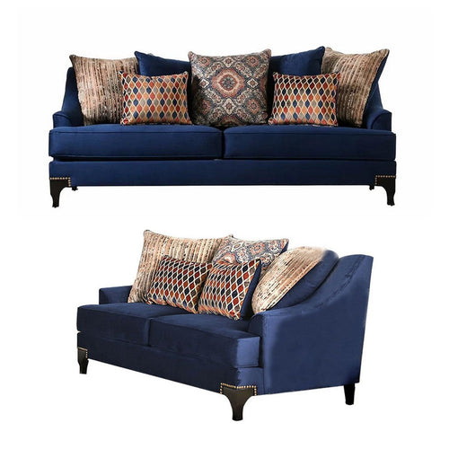 Eton 2pc Sofa Loveseat Set, 12 Pillows, Cabriole, Navy Blue Chenille