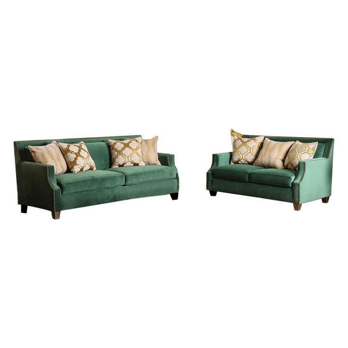 Veny 2pc Sofa and Loveseat Set, 7 Throw Pillows, Green Microfibre