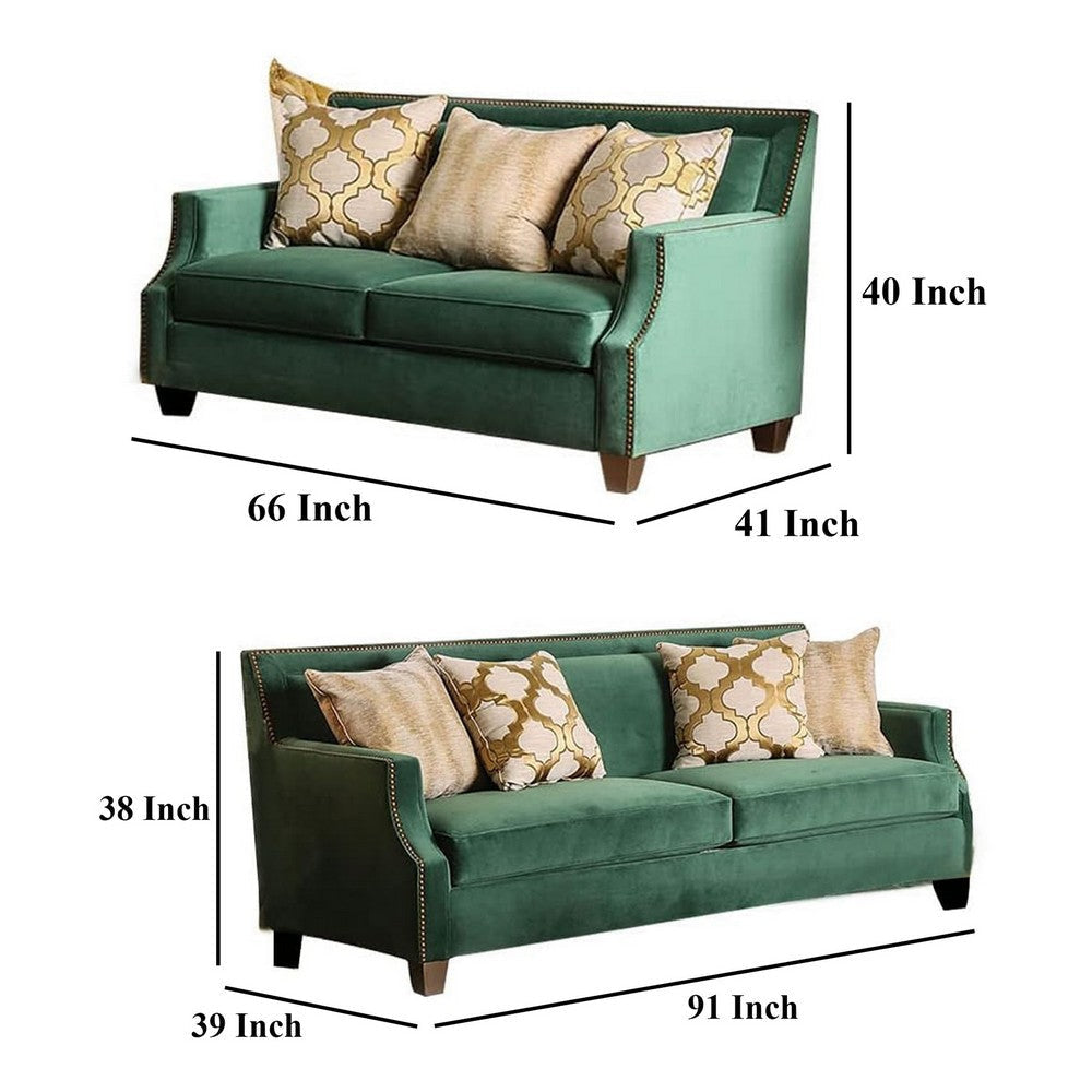 Veny 2pc Sofa and Loveseat Set 7 Throw Pillows Green Microfibre BM330431