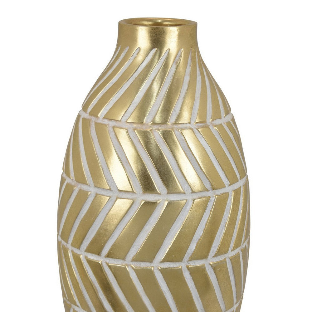 Accent Vase Gold Resin Urn Shape Lined Pattern in White 28 Inch BM330949