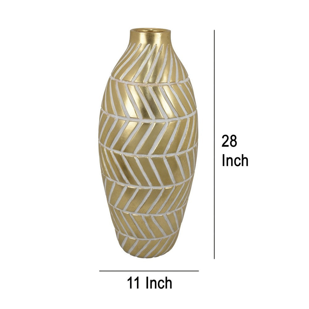 Accent Vase Gold Resin Urn Shape Lined Pattern in White 28 Inch BM330949