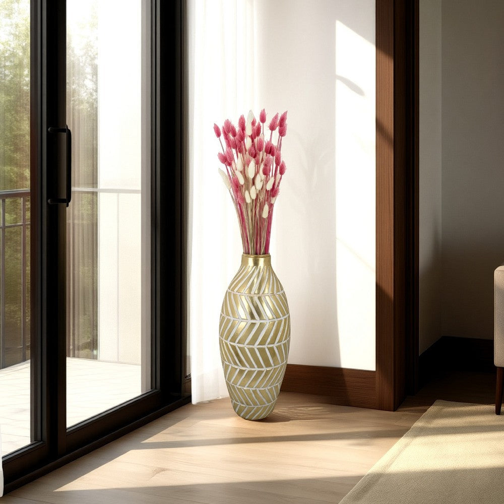 Accent Vase, Gold Resin Urn Shape, Lined Pattern in White, 28 Inch