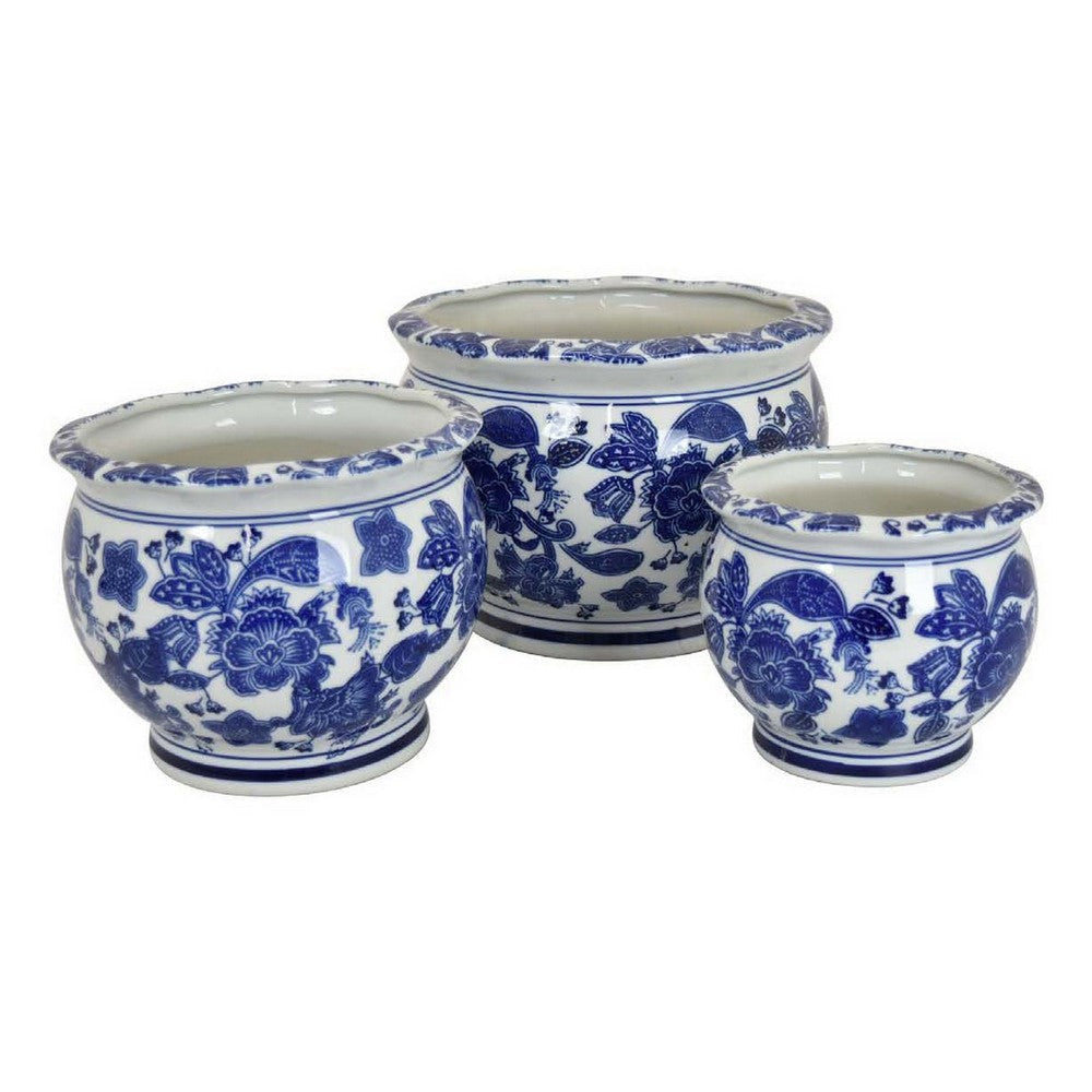 3pc Modern Planter, Japanese Inspired Art Design, Blue White Ceramic