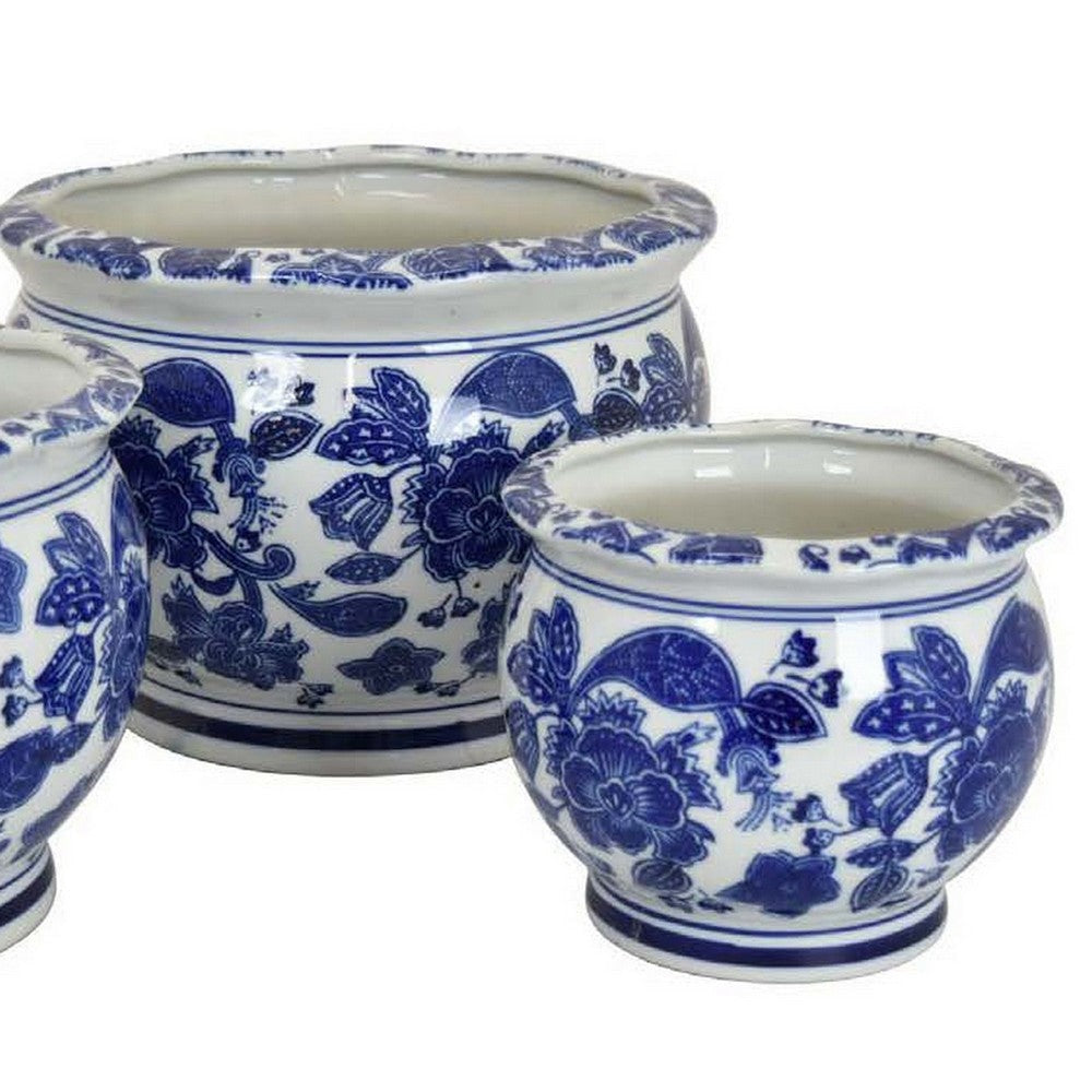 3pc Modern Planter Japanese Inspired Art Design Blue White Ceramic BM330962