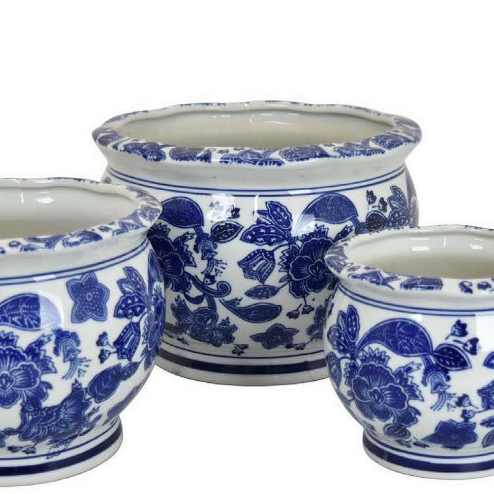 3pc Modern Planter Japanese Inspired Art Design Blue White Ceramic BM330962