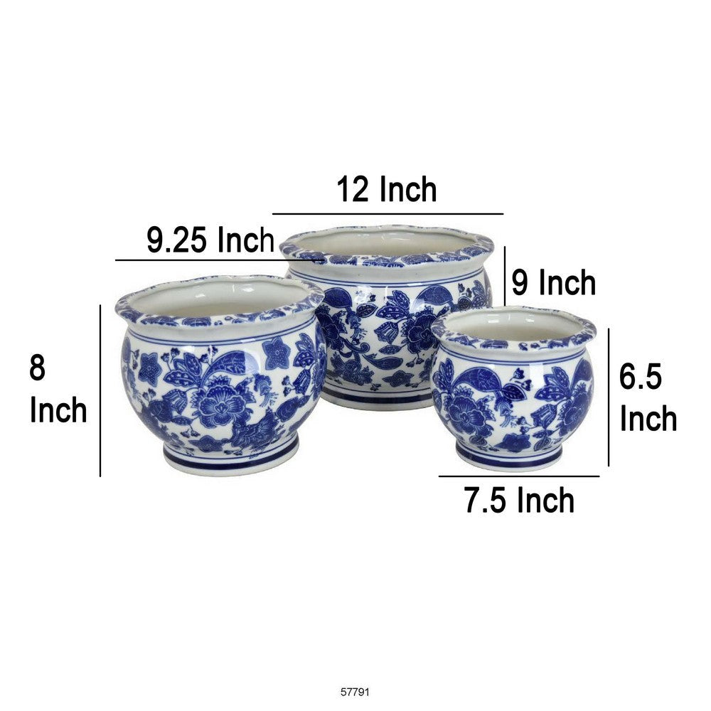 3pc Modern Planter Japanese Inspired Art Design Blue White Ceramic BM330962