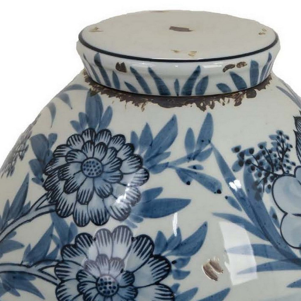 Accent Ginger Jar with Lid Blue and White Ceramic Floral Pattern BM330965