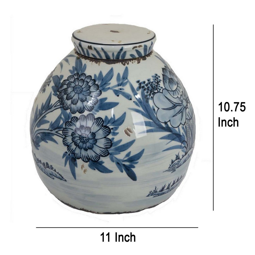 Accent Ginger Jar with Lid, Blue and White Ceramic, Floral Pattern