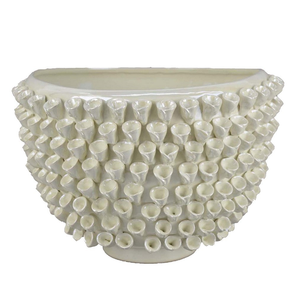 Modern Decorative Bowl, 3D Texture Embellished White Ceramic, 14 Inch