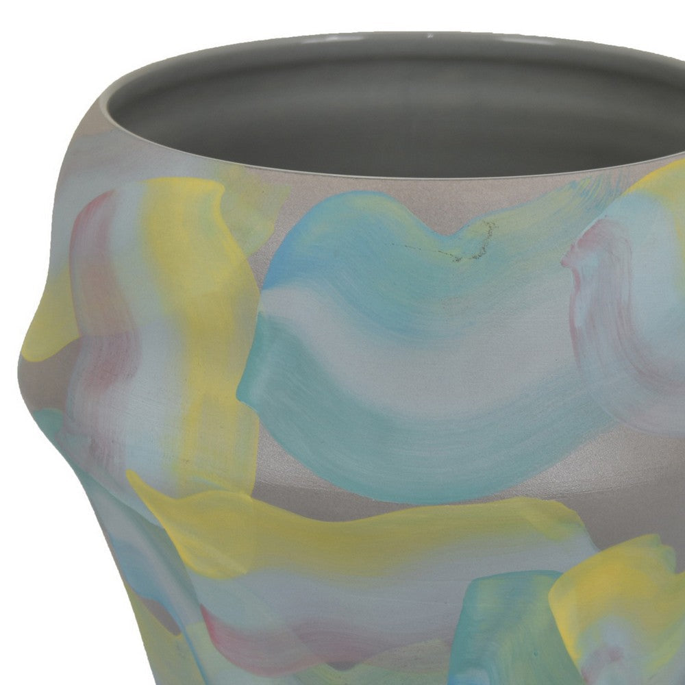 Accent Flower Vase Brushstroke Pattern Blue Yellow Ceramic 10 Inch BM330969