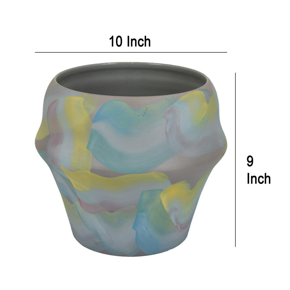 Accent Flower Vase Brushstroke Pattern Blue Yellow Ceramic 10 Inch BM330969