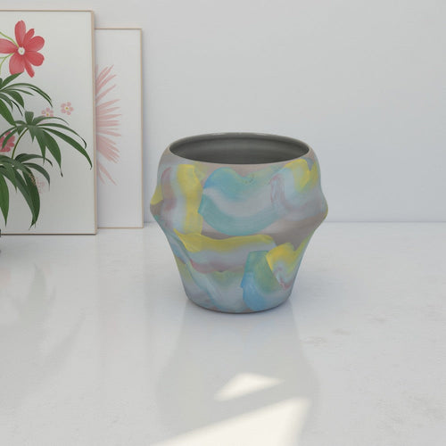 Accent Flower Vase, Brushstroke Pattern Blue Yellow Ceramic, 10 Inch