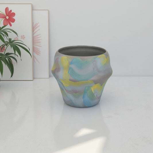 Accent Flower Vase, Brushstroke Pattern Blue Yellow Ceramic, 10 Inch