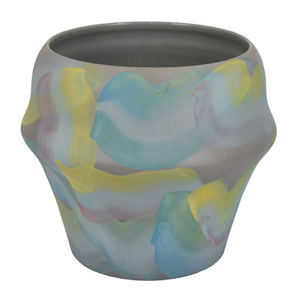 Accent Flower Vase, Brushstroke Pattern Blue Yellow Ceramic, 10 Inch