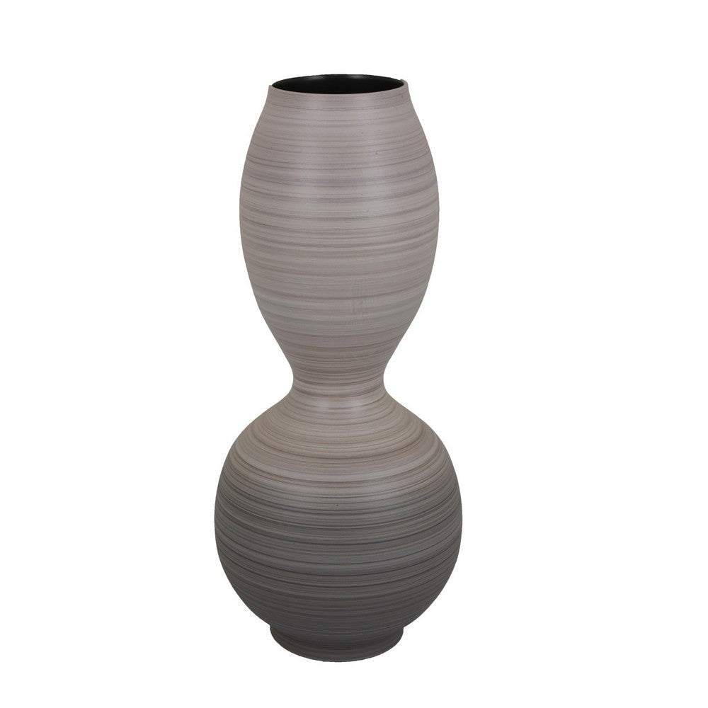 Modern Flower Vase, Double Bulb Ombre Textured Gray Ceramic, 17 Inch