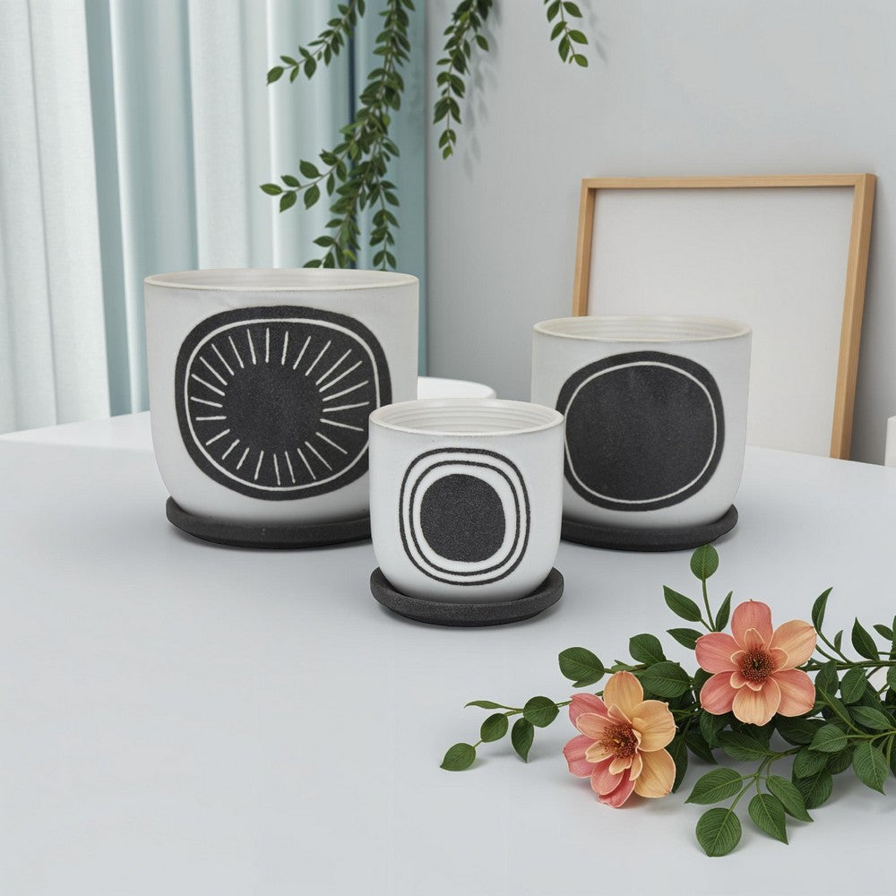 Meon 3pc Garden Planter Set Textured White and Black Ceramic Design BM330976