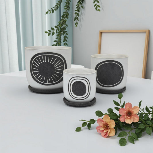 Meon 3pc Garden Planter Set, Textured White and Black Ceramic Design