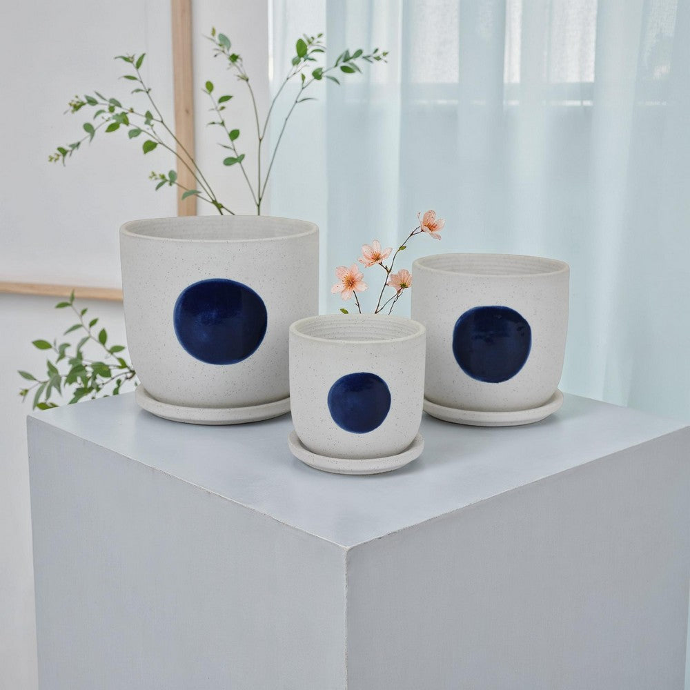 Meon 3pc Garden Planter Set, Textured White and Blue Ceramic Design