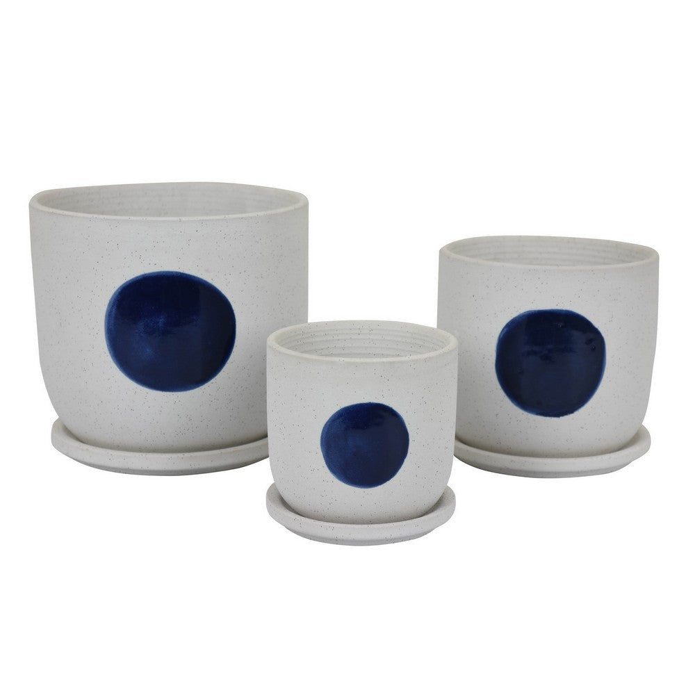 Meon 3pc Garden Planter Set, Textured White and Blue Ceramic Design