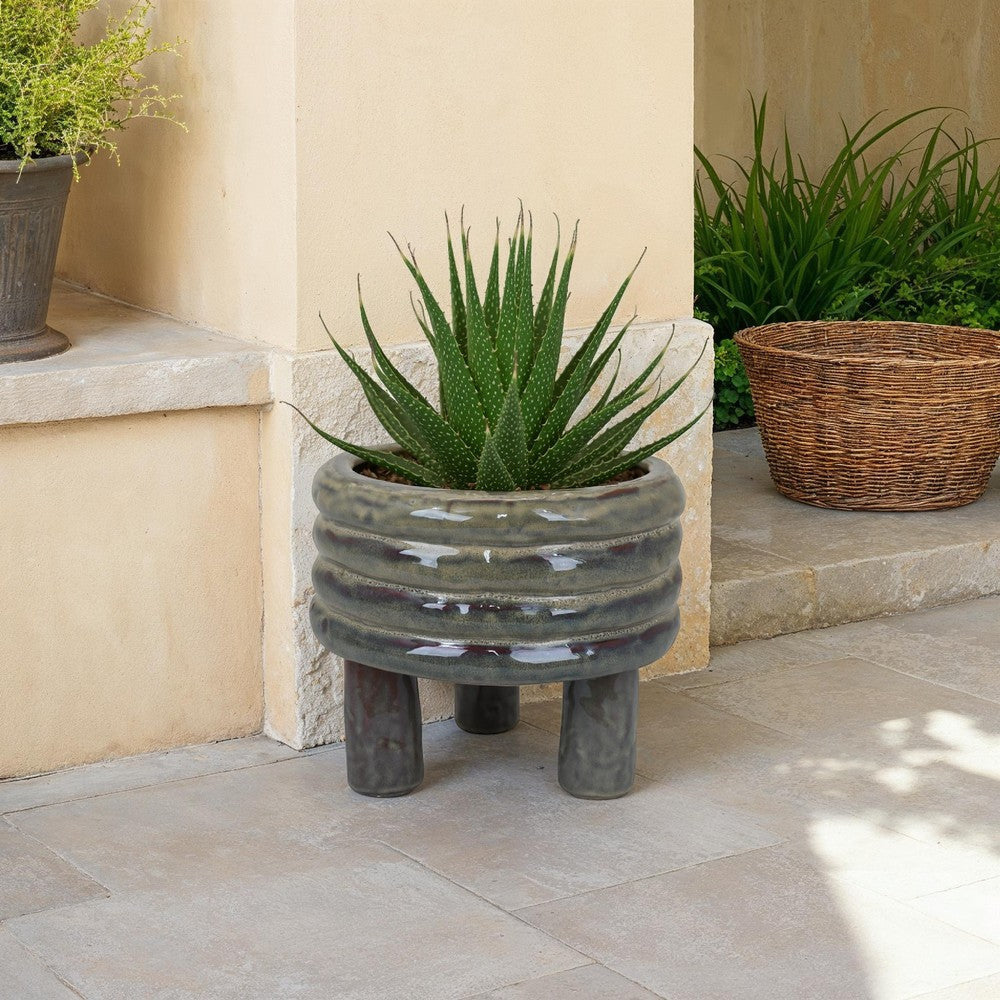 Garden Planter Decorative Turned Style Glossy Gray Ceramic 10 Inch BM330978