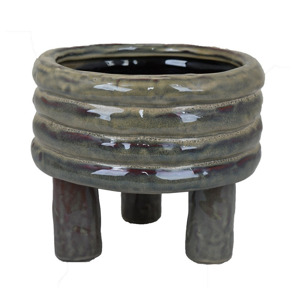 Garden Planter, Decorative Turned Style Glossy Gray Ceramic, 10 Inch