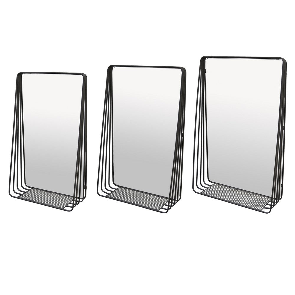 3pc Decorative Wall Mirror with Shelf Set Black Metal Rectangular BM330980