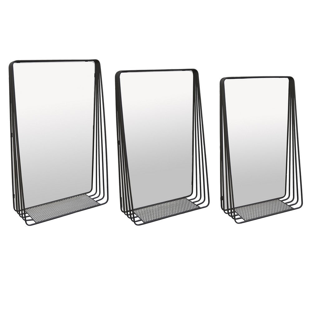 3pc Decorative Wall Mirror with Shelf Set, Black Metal Rectangular