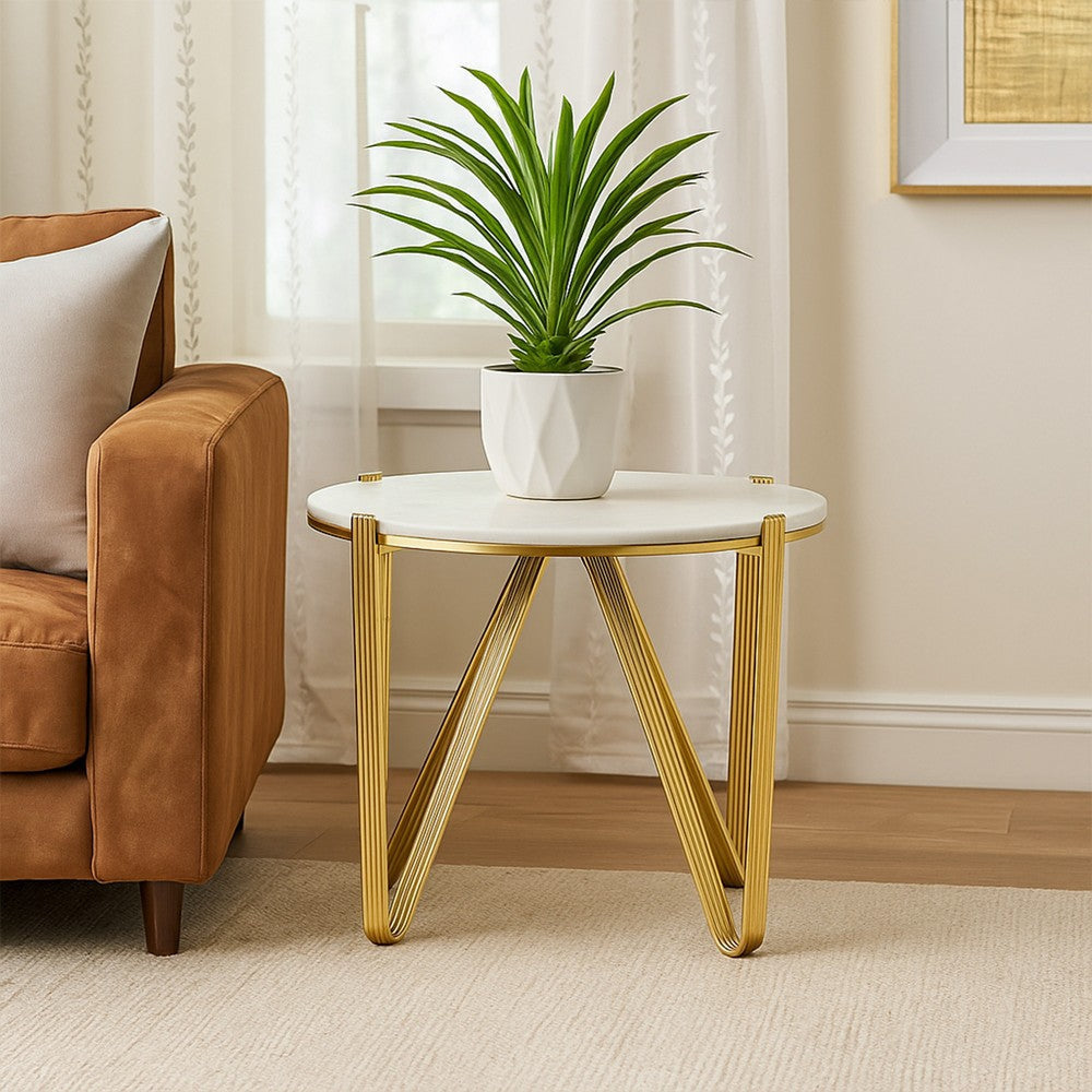 Glam Plant Stand Table, White Marble, Gold Metal Texture Legs, 25 Inch