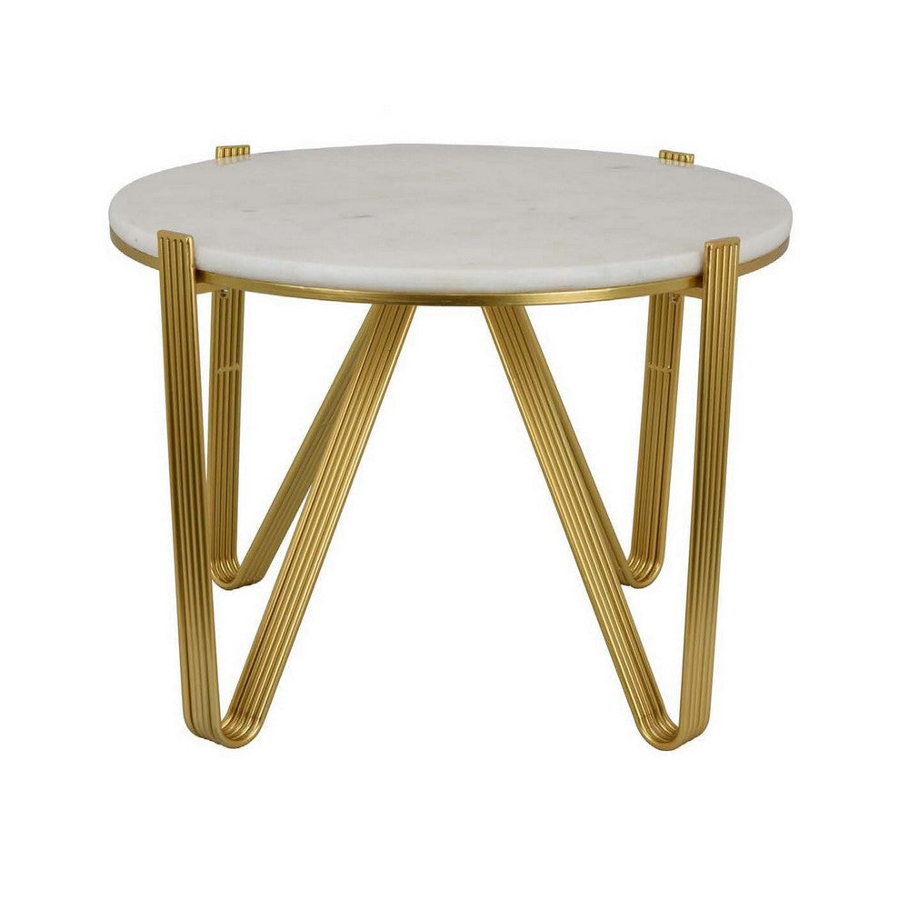 Glam Plant Stand Table, White Marble, Gold Metal Texture Legs, 25 Inch