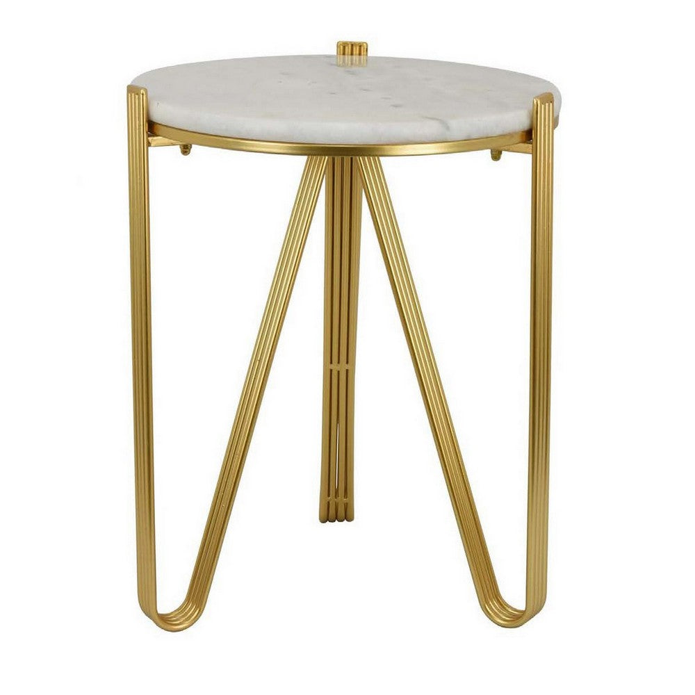 Glam Plant Stand Table, White Marble, Gold Metal Texture Legs, 20 Inch