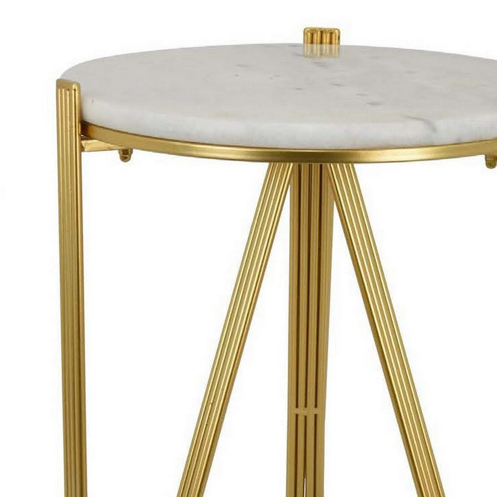 Glam Plant Stand Table, White Marble, Gold Metal Texture Legs, 20 Inch