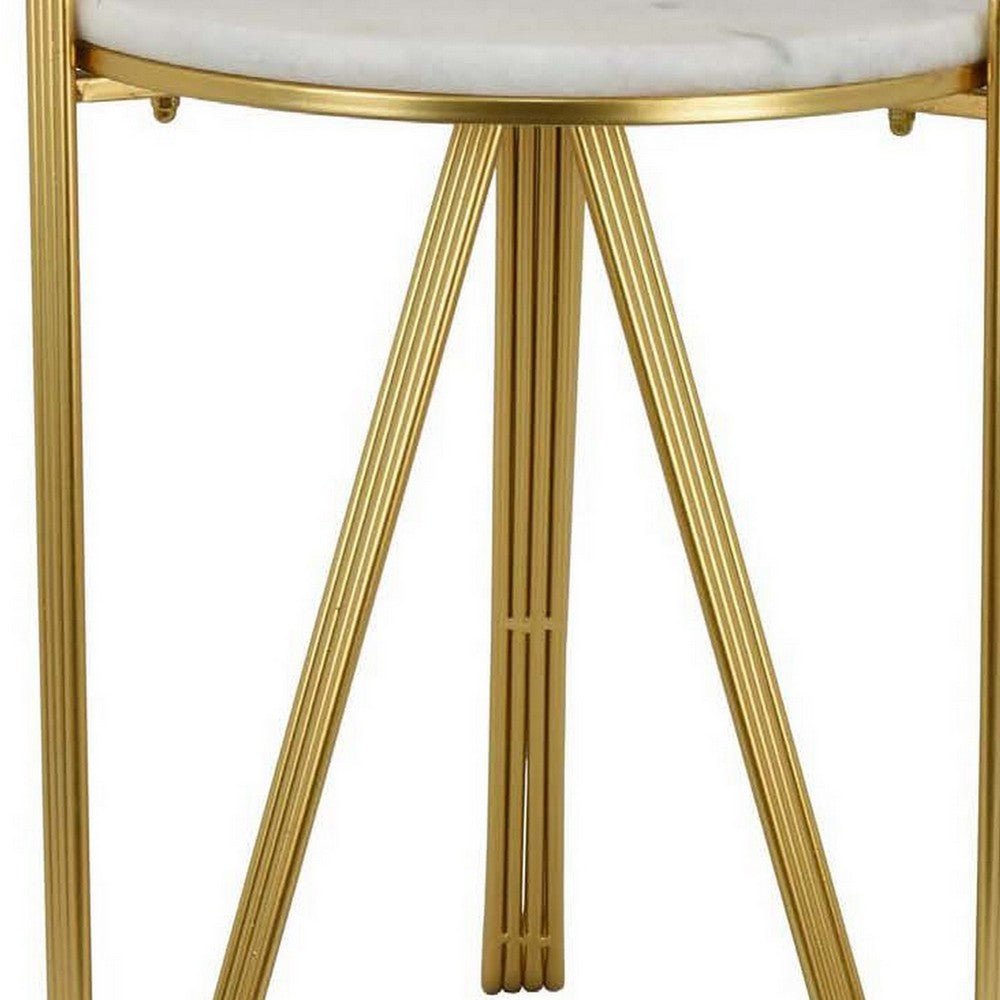 Glam Plant Stand Table, White Marble, Gold Metal Texture Legs, 20 Inch
