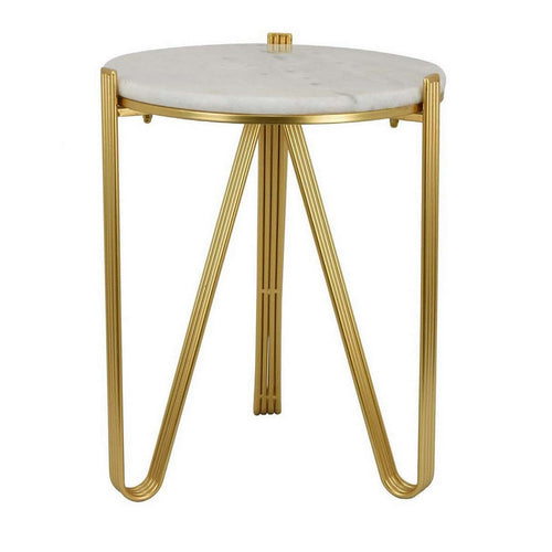 Glam Plant Stand Table, White Marble, Gold Metal Texture Legs, 20 Inch