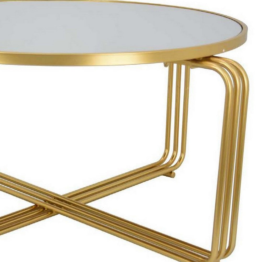 Plant Stand Coffee Table 37 Inch Round Mirror Top Modern Gold Metal BM331004