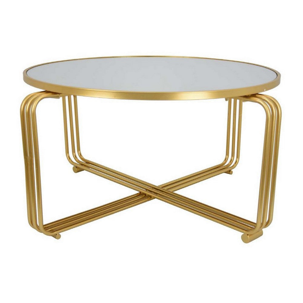 Plant Stand Coffee Table, 37 Inch Round Mirror Top, Modern Gold Metal