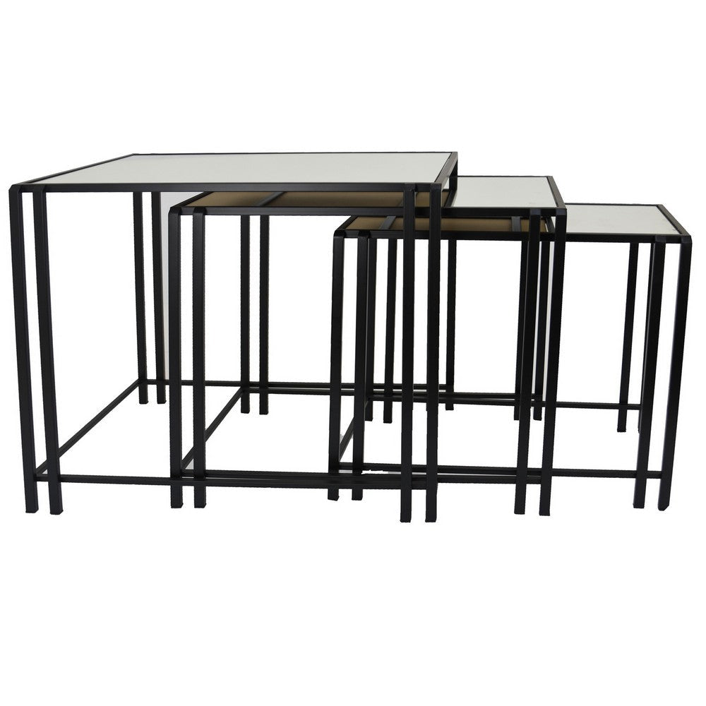 Buckley Nesting Plant Stand Table Set of 2, Black Metal, Mirrored Top
